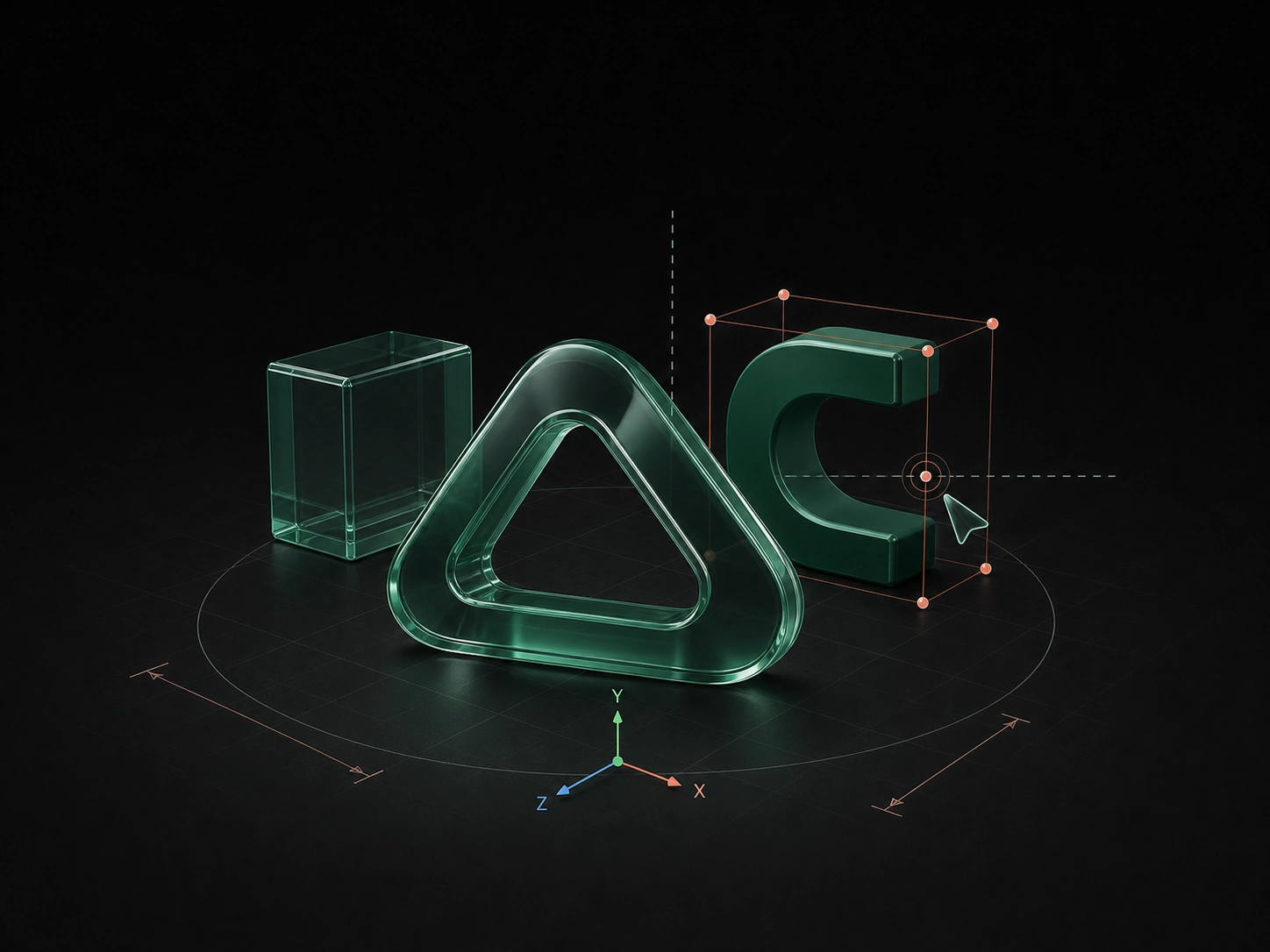 Transparent dimensional letterforms arranged for a logo animation